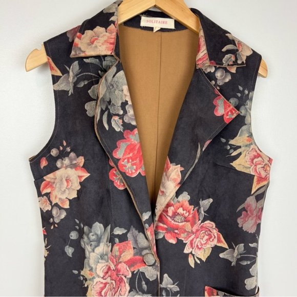 Anthropologie Solitaire Boho faux suede Long Line Sleeveless Floral Vest M - Picture 4 of 10